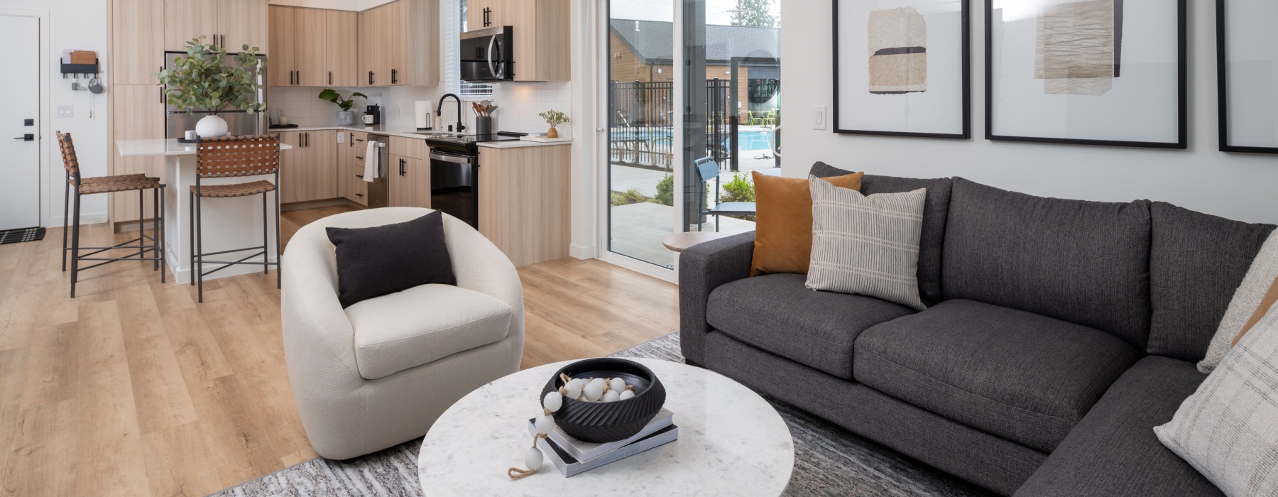 Apartment living room with seating and tv